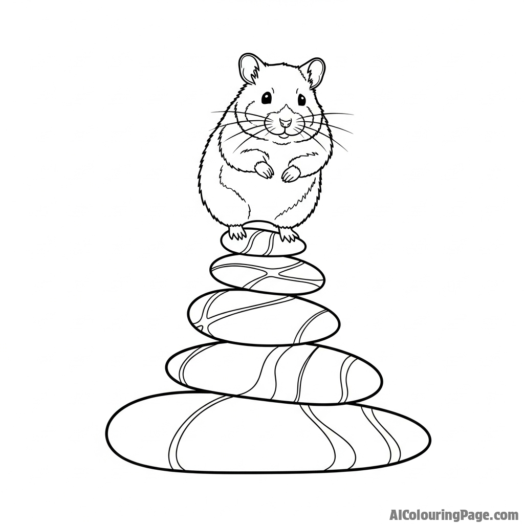 A hamster balancing on a stack of smooth stones
