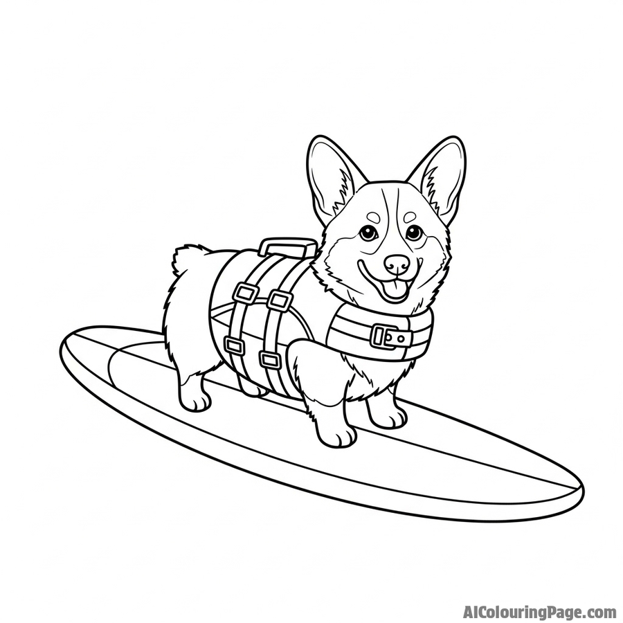 A corgi wearing a tiny life vest, confidently riding on a paddleboard.