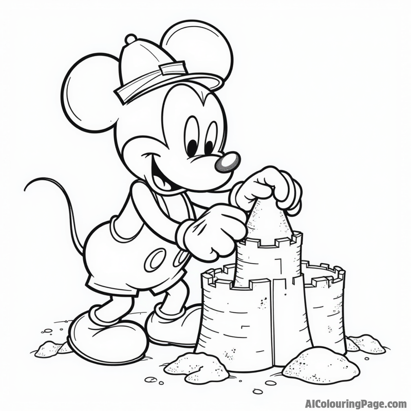 Mickey Mouse building a sandcastle