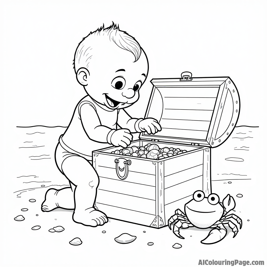 A Muppet baby discovering treasures in a treasure chest on the beach, with sand, shells, and a friendly crab nearby.