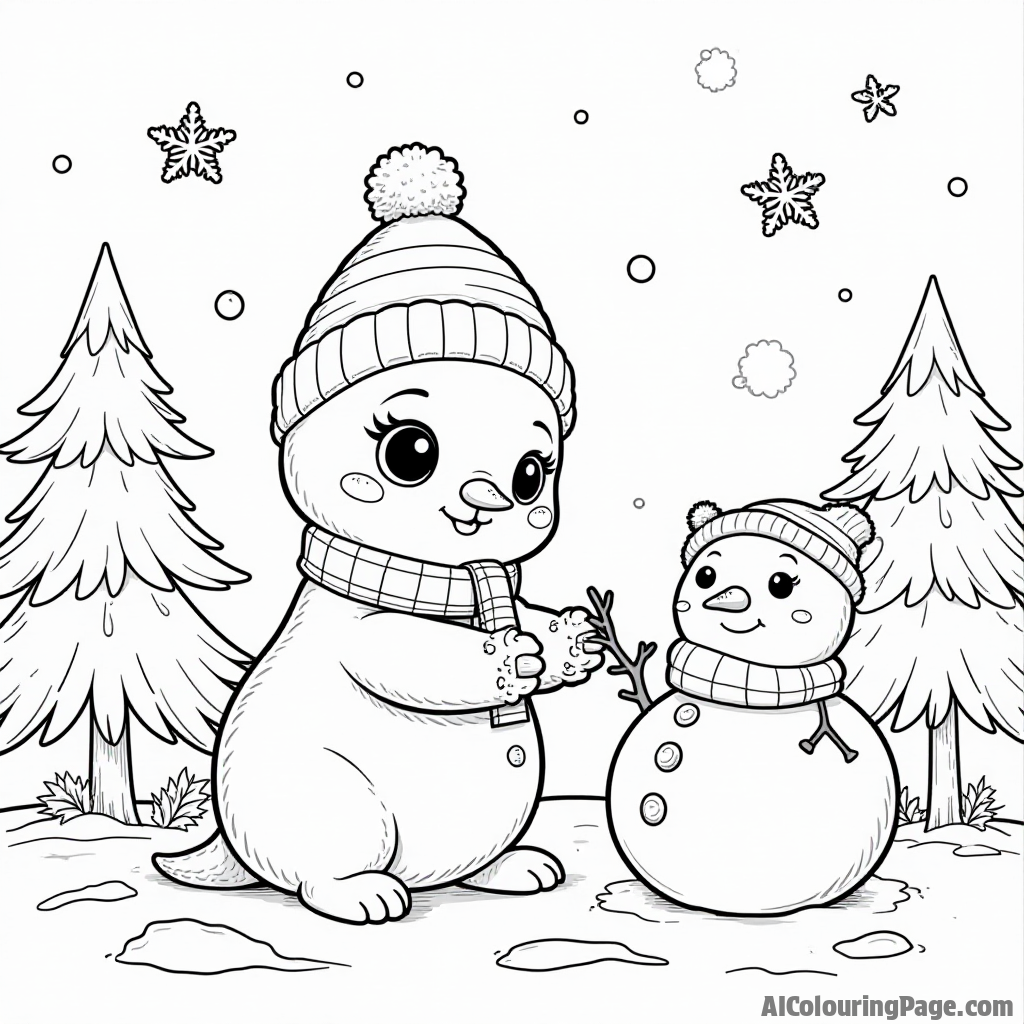 A Hatchimal in a cozy winter setting, building a snowman with snowflakes and pine trees, inviting kids to add vibrant winter colors in this Toys and Games Coloring Pages theme.