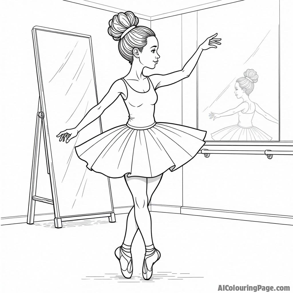 An African American ballerina practicing dance in a studio, with mirrors and ballet shoes, promoting art and expression, suitable for children to color in black and white.