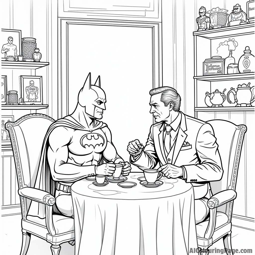 Batman and Alfred enjoying tea together in the Batcave with various superhero memorabilia decorating the room.