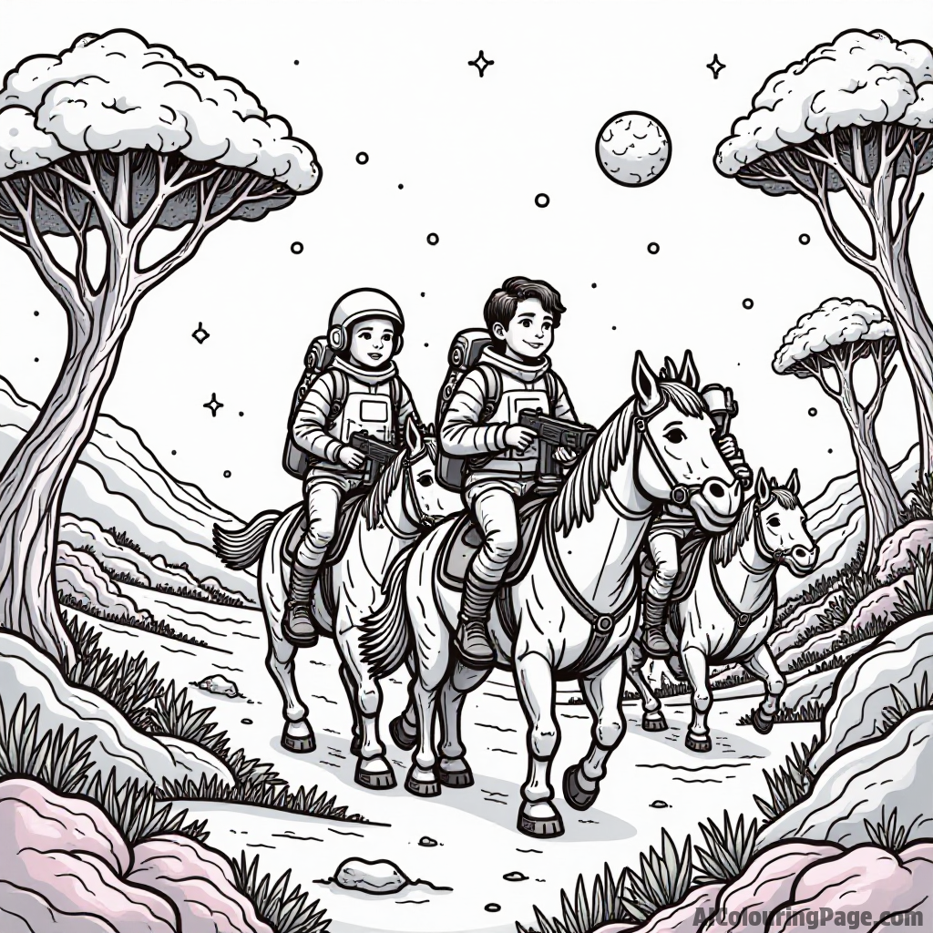 A group of space adventurers riding colorful creatures across a vibrant alien landscape filled with strange trees.