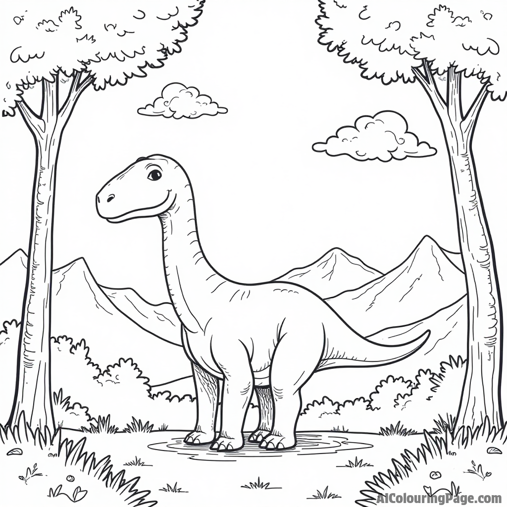 A gentle brontosaurus munching on tall treetops under a sunny sky with fluffy clouds and distant mountains.