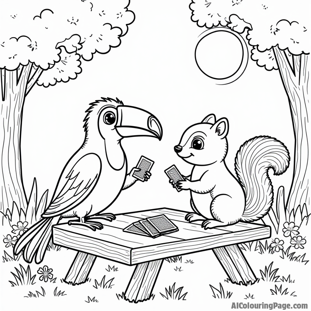 A toucan and a chipmunk playing cards at a picnic table surrounded by trees, flowers, and a cheerful sun above.