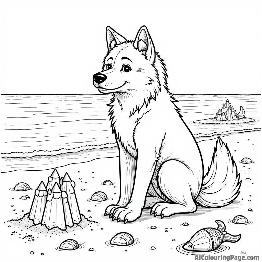 A werewolf enjoying a day at the beach with sandcastles, seashells, and friendly sea creatures playing around.