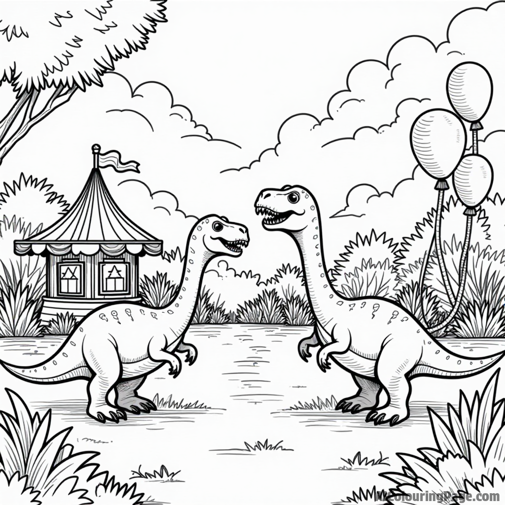 A whimsical scene of dinosaurs enjoying a carnival with games, rides, and colorful balloons in a prehistoric park.