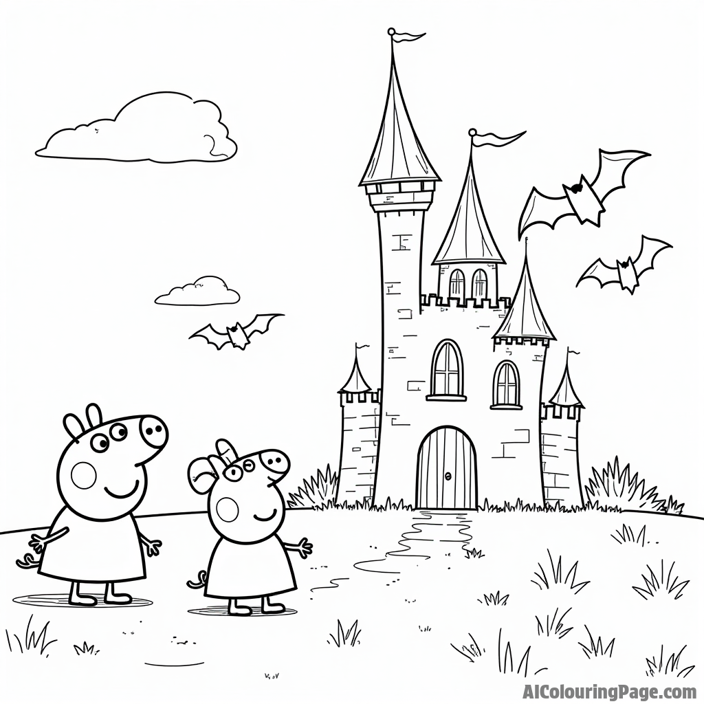 Peppa Pig exploring a spooky castle with George Pig, dressed as a ghost, while friendly bats fly around them.