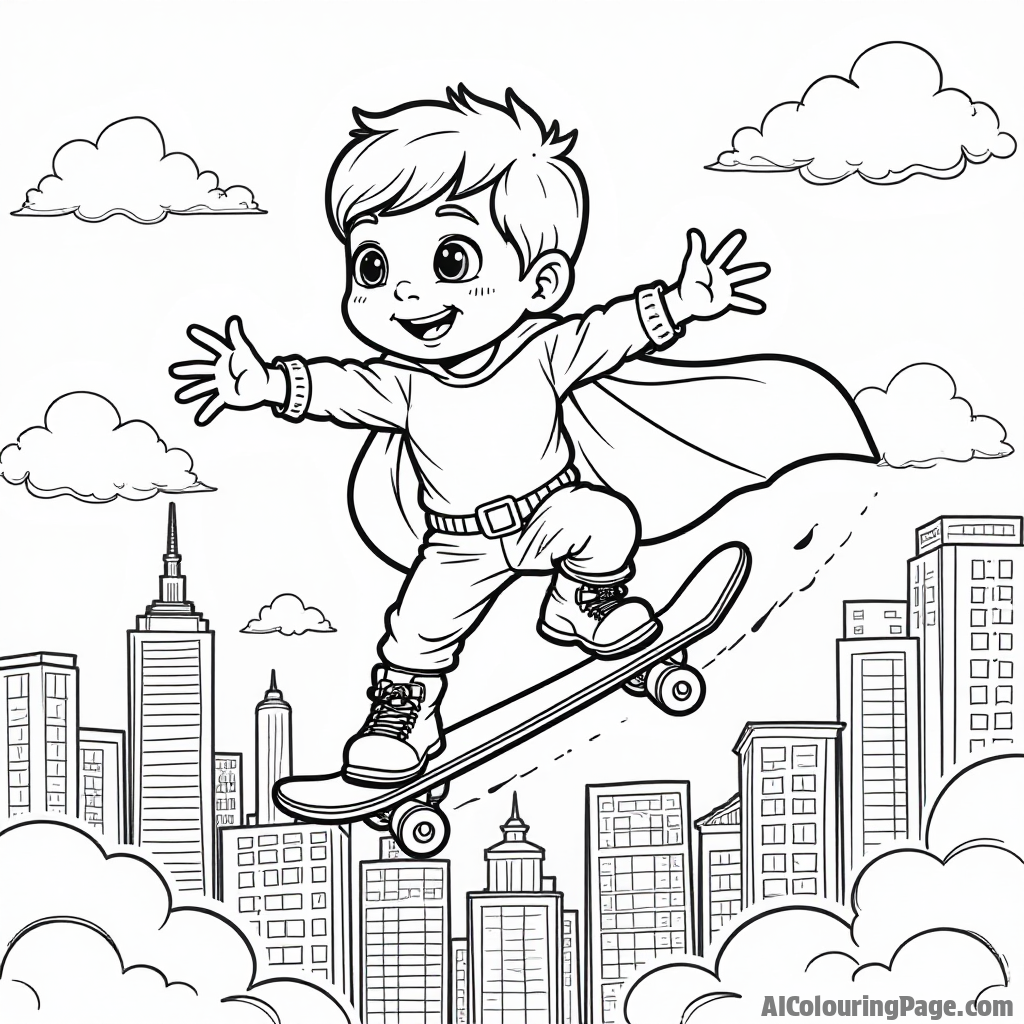 A cartoon superhero on a skateboard, flying over a city skyline with clouds and birds, providing an exciting and imaginative scene for children's coloring activities.