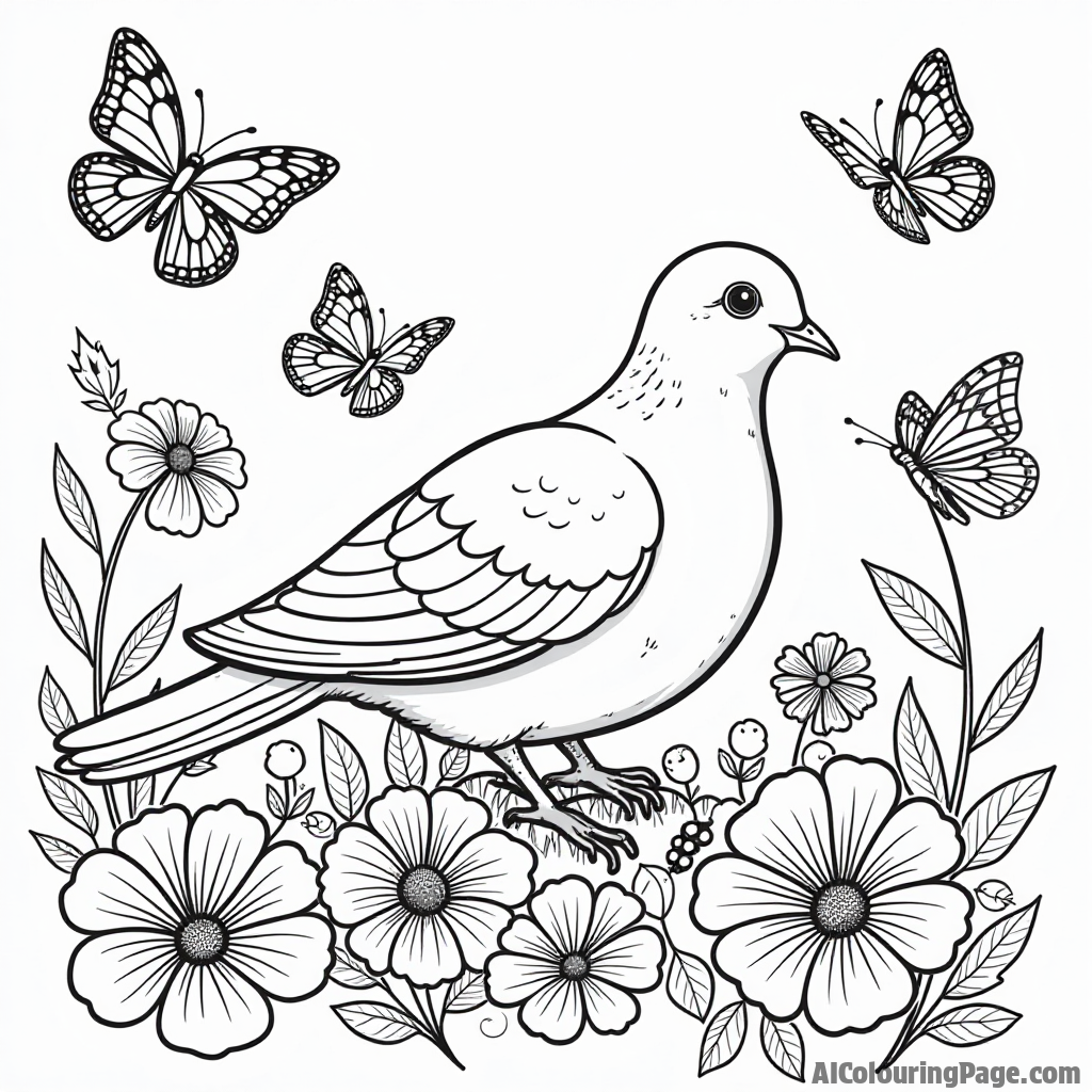 A dove surrounded by colorful butterflies and ladybugs in a garden, creating a lively scene for children to color.