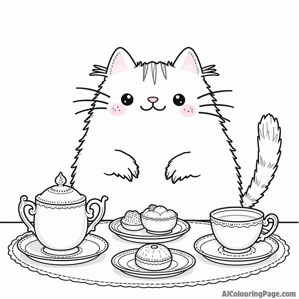 Pusheen hosting a tea party with elegant teacups, tiny sandwiches, and pastries on a beautifully set table