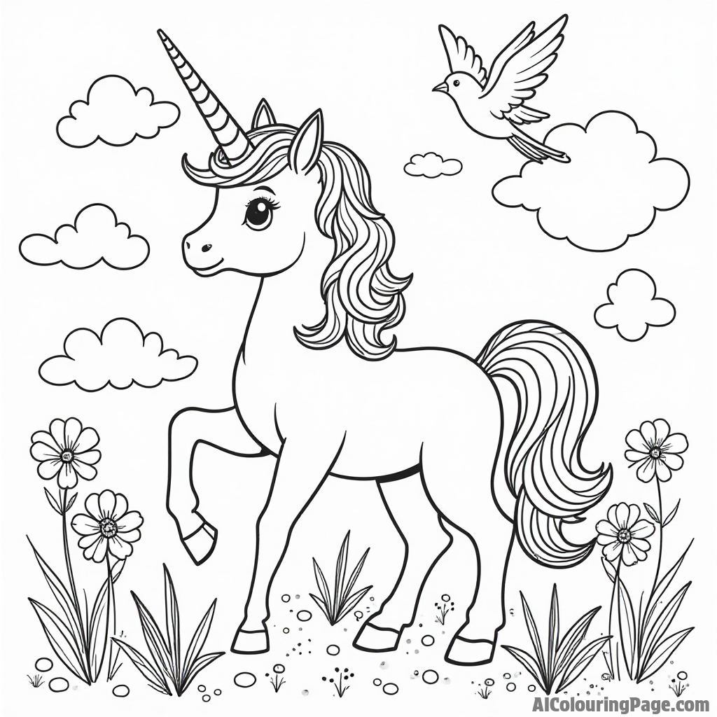 A unicorn surrounded by whimsical clouds and birds, creating a serene and enchanting scene for children to color beautifully.