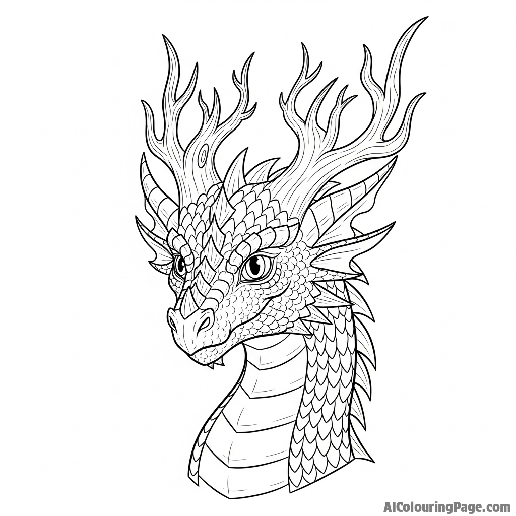 A portrait of a dragon with ancient, gnarled horns like the branches of a dead tree.