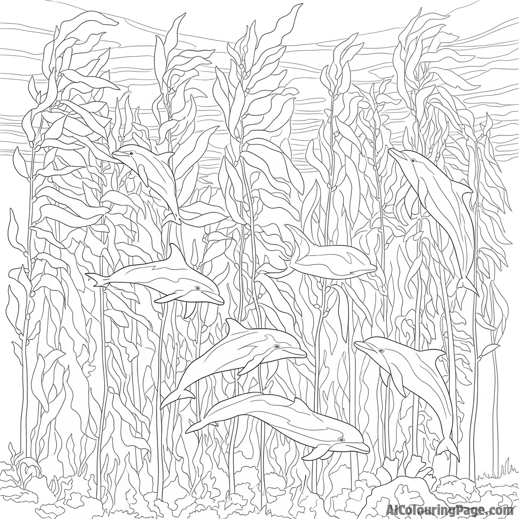 A pod of dolphins navigating through a dense, towering kelp forest.