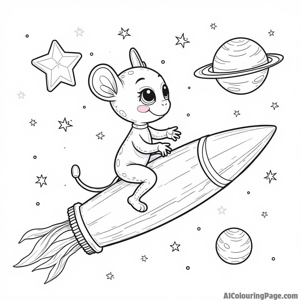 A whimsical alien riding a comet with planets in the background, featuring playful stars, perfect for coloring fun.