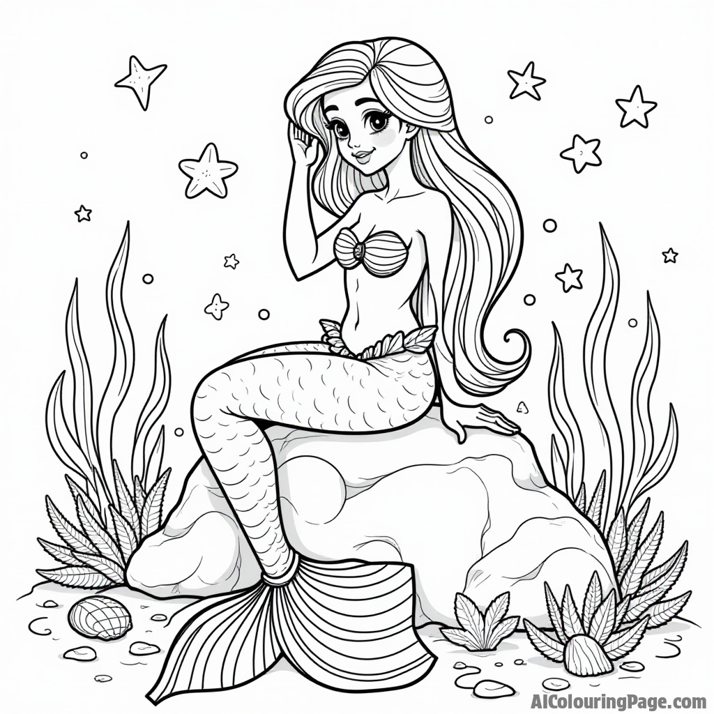 An adventurous mermaid sitting on a rock, brushing her long hair, with colorful starfish and seashells scattered around, creating a magical underwater scene for kids to color.