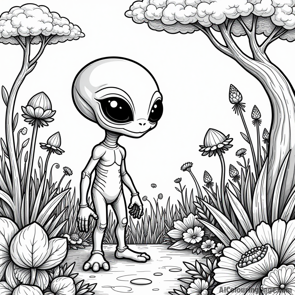 An alien with big eyes exploring a strange garden filled with unusual plants and flowers, in a fantasy setting.