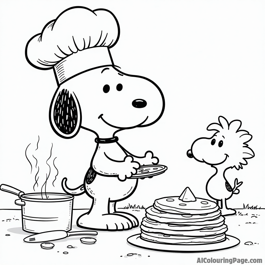 Snoopy as a chef cooking pancakes in a kitchen with pots, pans, and a happy Woodstock nearby