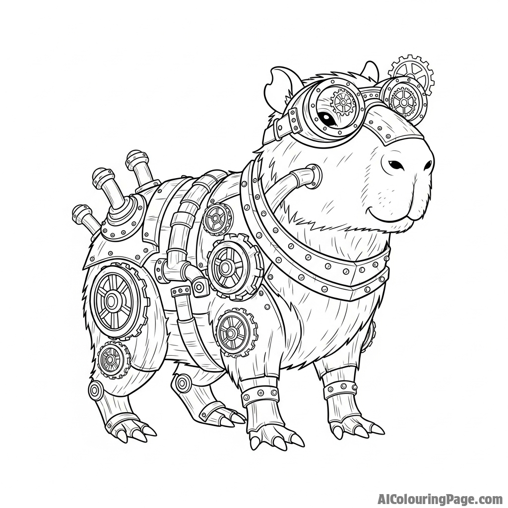 A steampunk capybara with intricate brass gears and goggles.