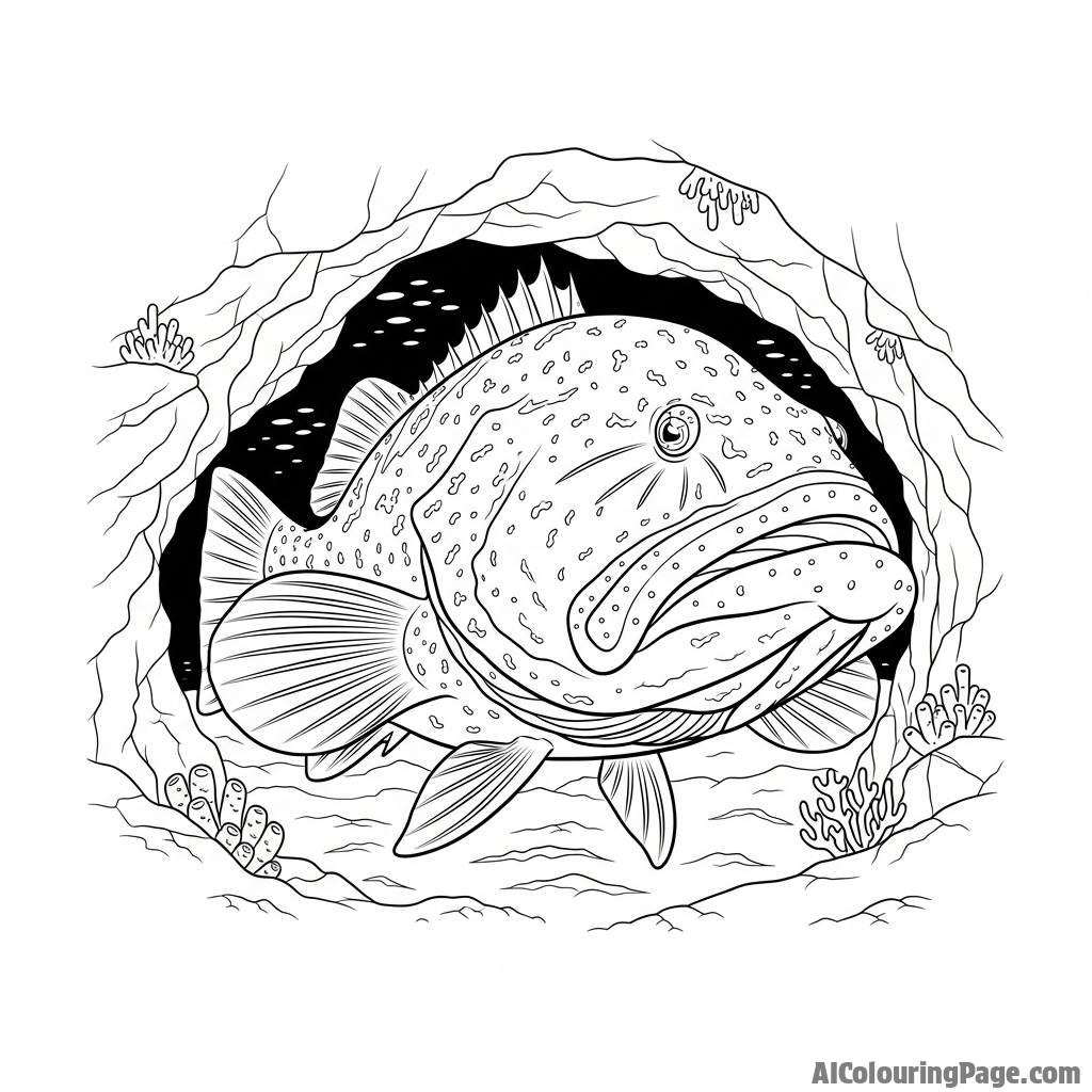 A goliath grouper, immense and ancient, lurking in an underwater cave.