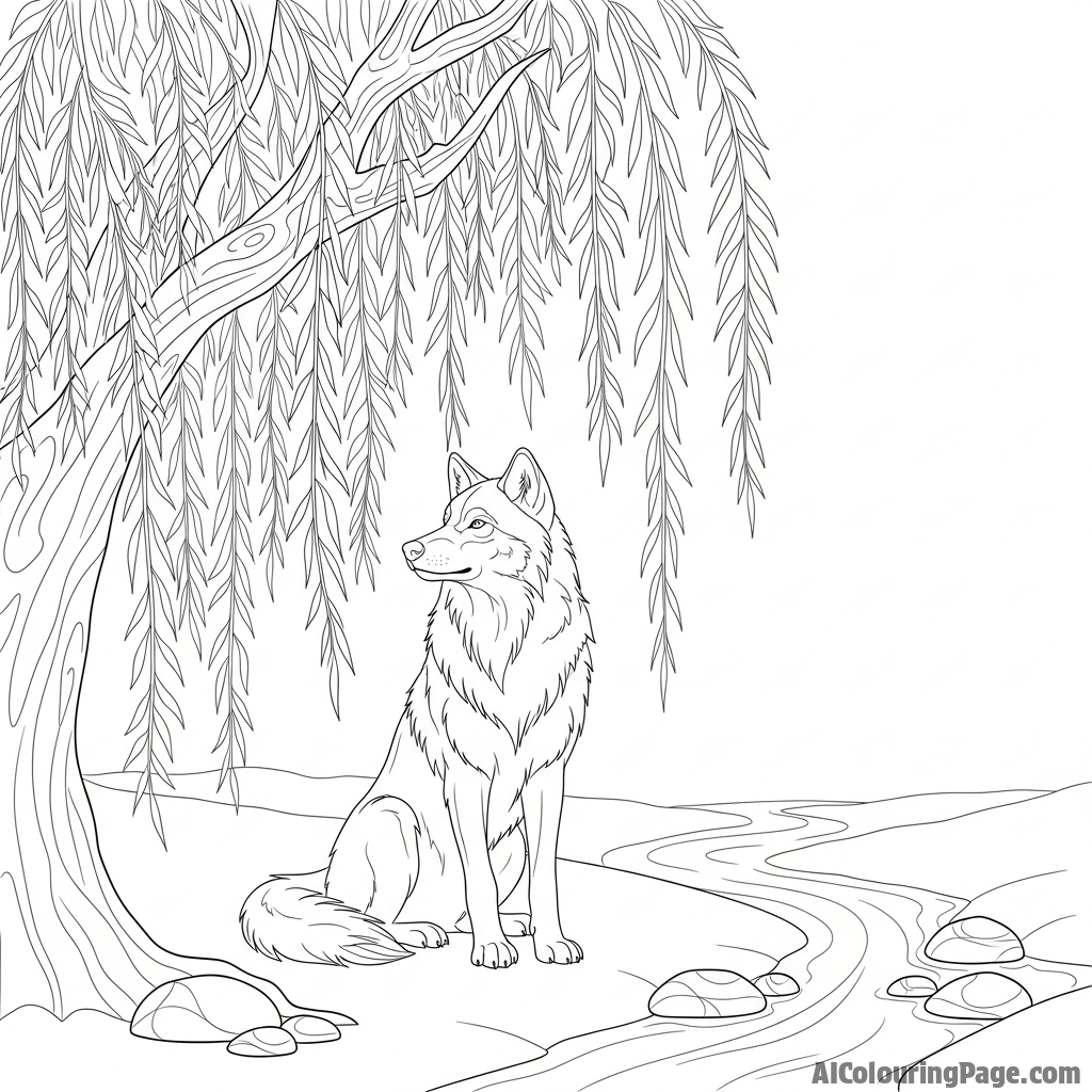 A serene wolf sitting peacefully under a weeping willow tree by a gentle stream.