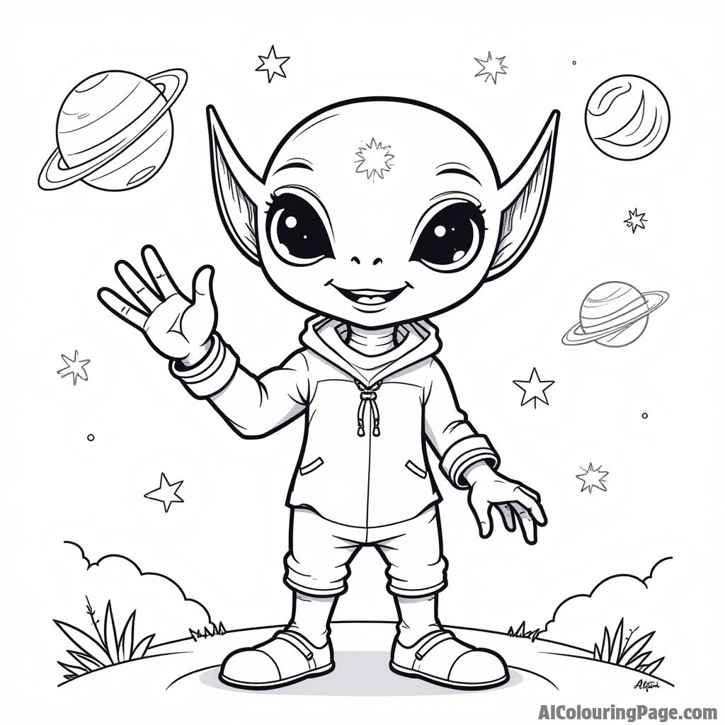 A cute Fortnite alien waving hello with stars and planets in the background for kids to color