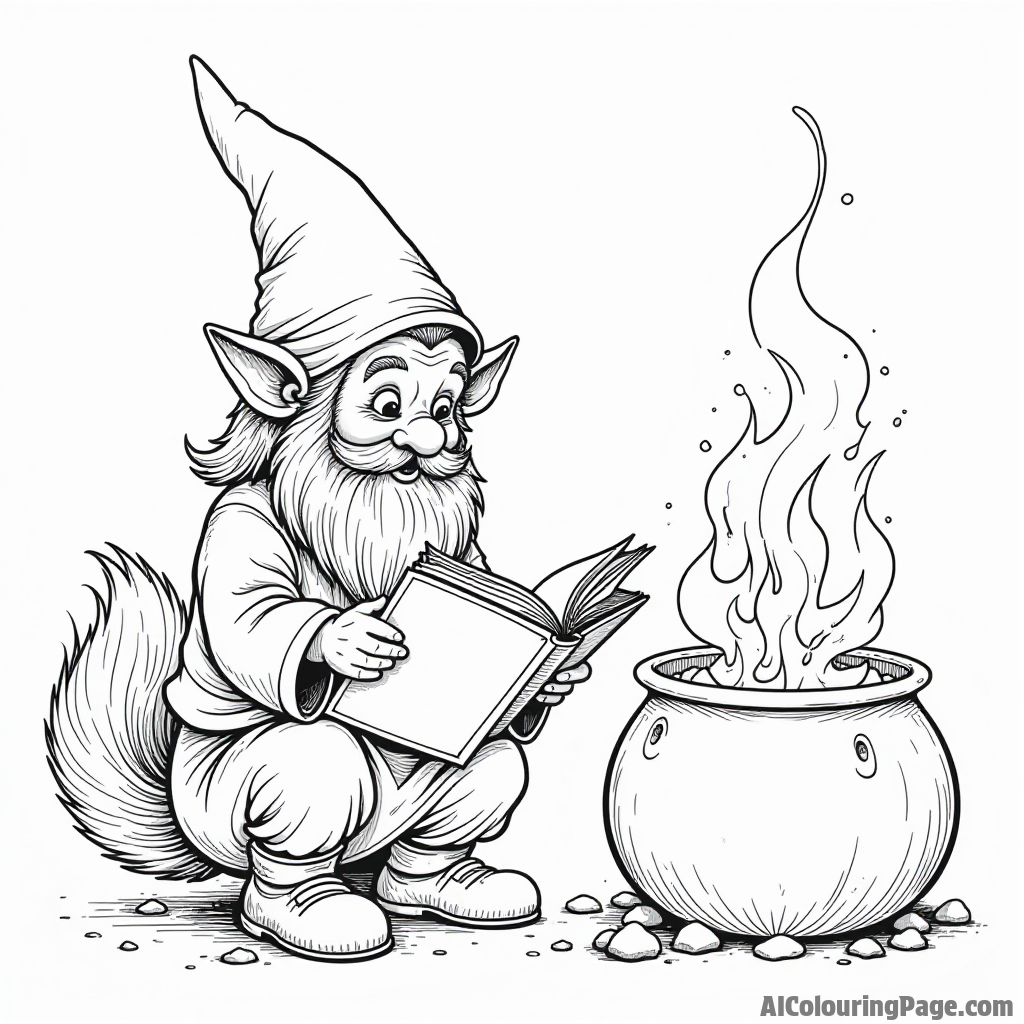 A gnome reading a giant book of spells next to a bubbling cauldron and a curious squirrel observing closely.