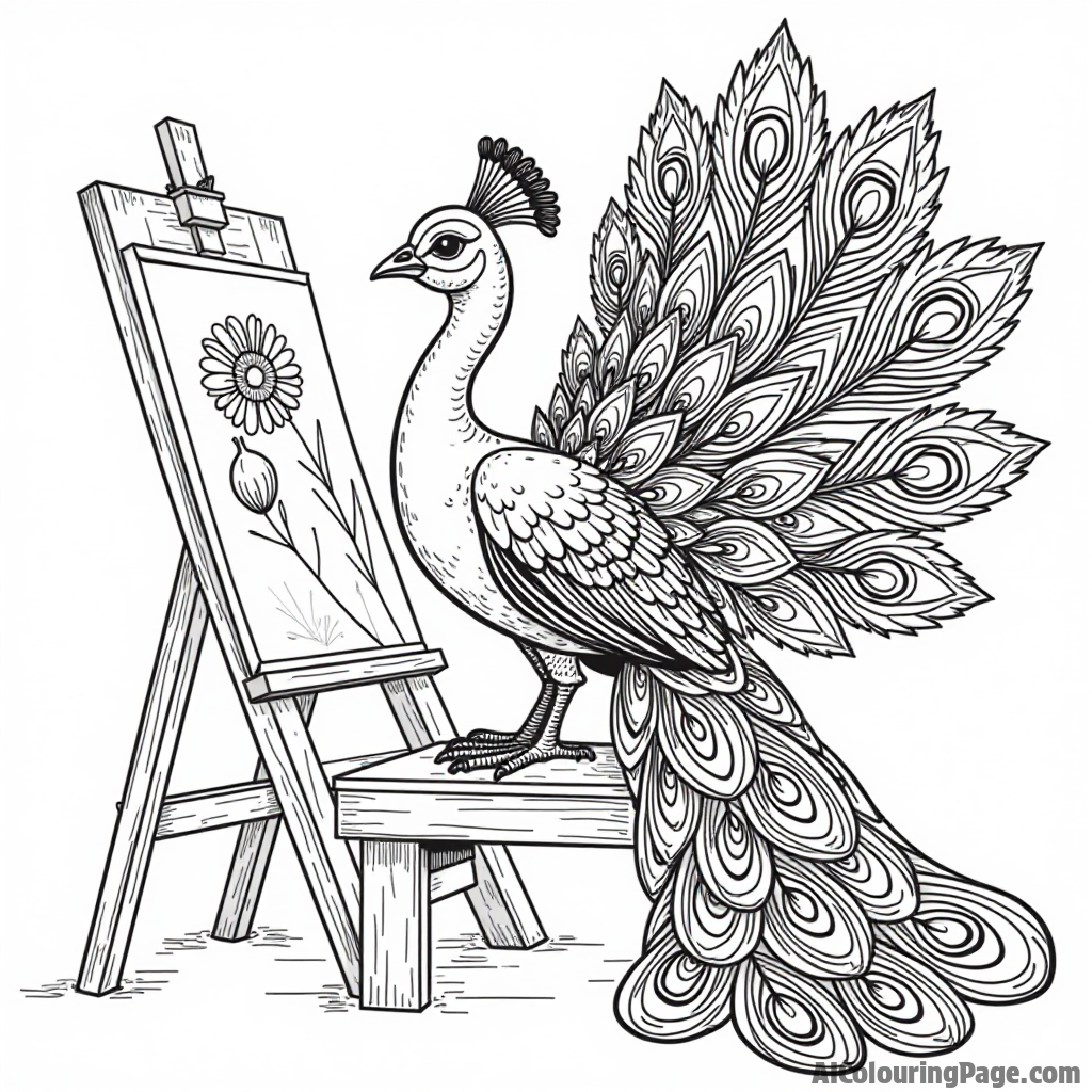 A peacock painting its own feathers with bright colors while sitting on a bench in an art studio