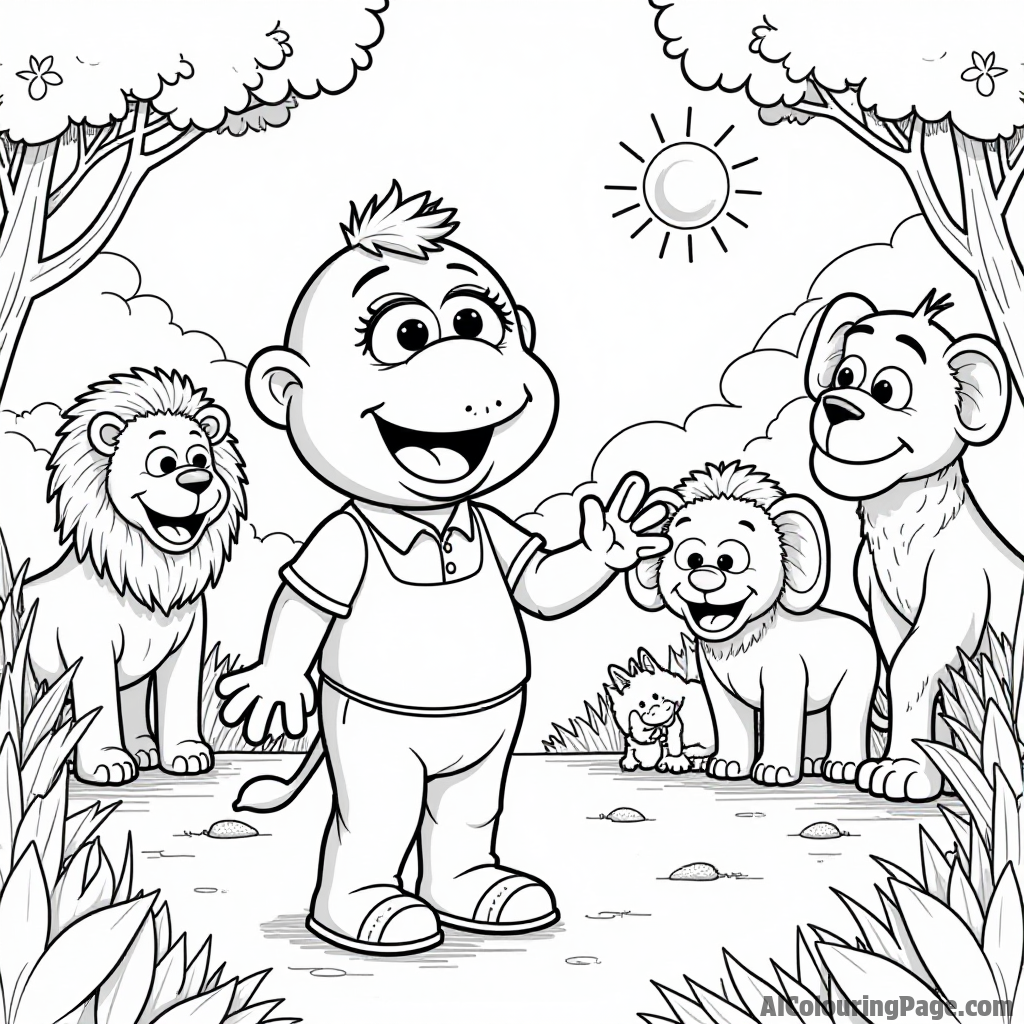 A Muppet baby enjoying a sunny day at the zoo, with animals like lions, monkeys, and elephants all around.