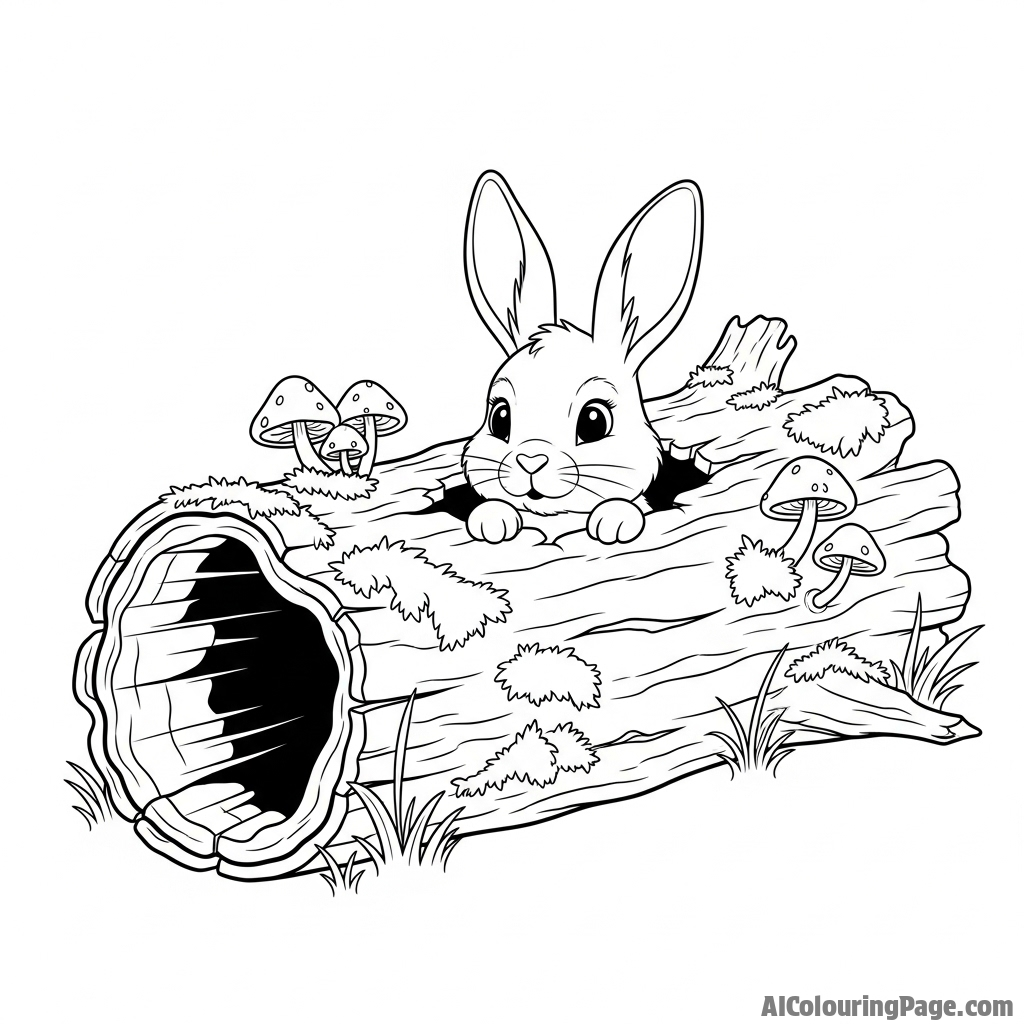 A bunny peeking its head out of a hole in a hollow, mossy log.