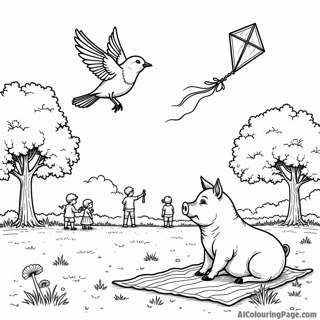 A bird flying a colorful kite in a park with children playing and a pig watching from a picnic blanket