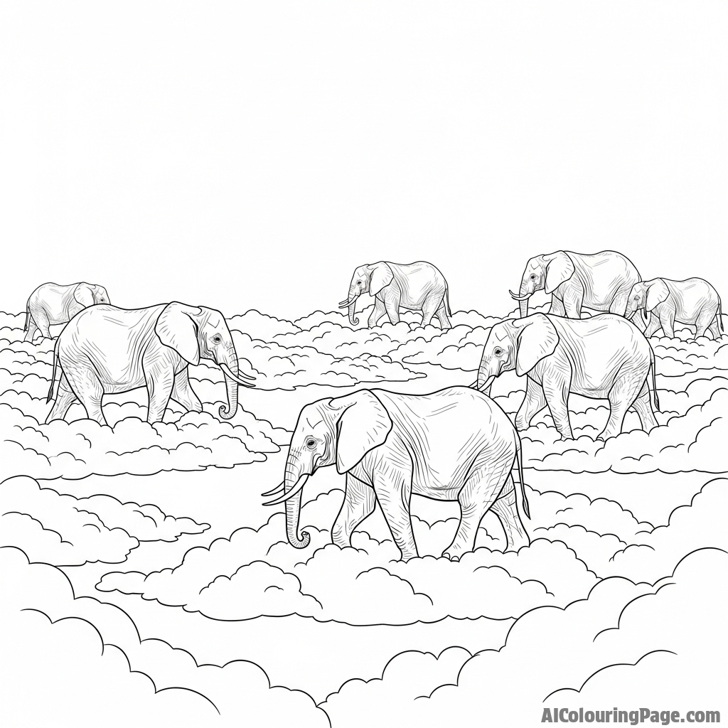 A surreal scene of elephants walking on clouds in the sky.