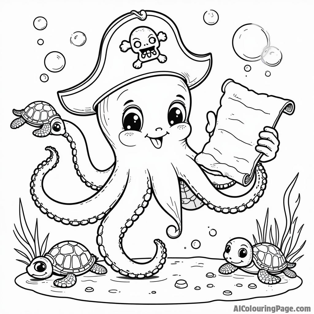 A friendly octopus wearing a pirate hat, holding a treasure map in one tentacle, surrounded by playful sea turtles and bubbles, creating an exciting underwater scene for kids to color.