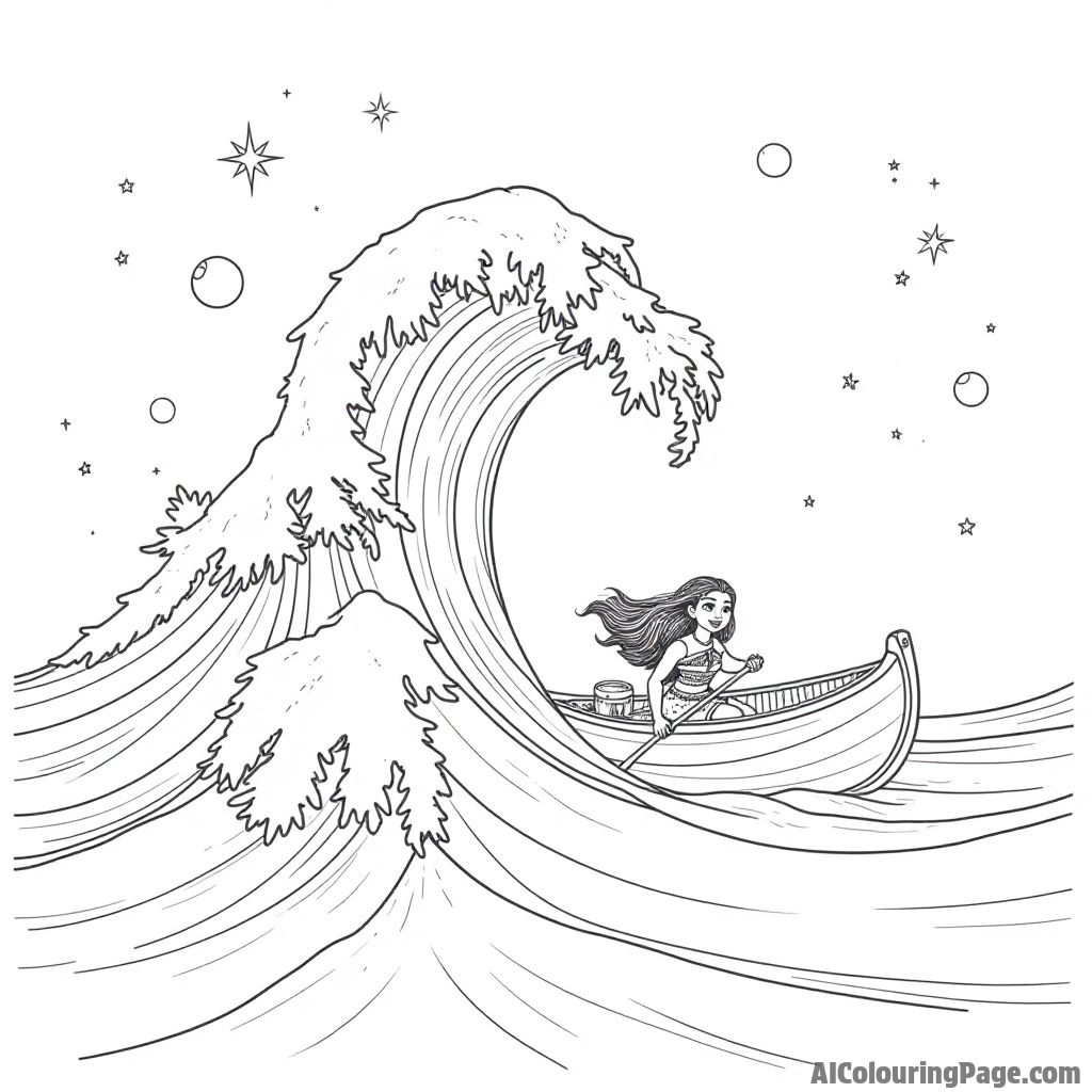 A friendly ocean wave forming a smile while carrying Moana on her canoe under a bright, starry night sky.