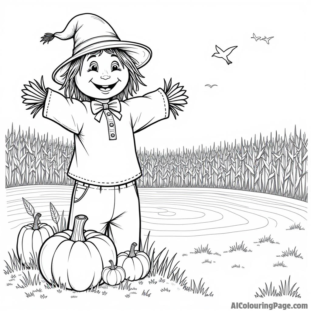 A happy scarecrow waving next to a field of pumpkins and a corn maze, with birds flying in the sky