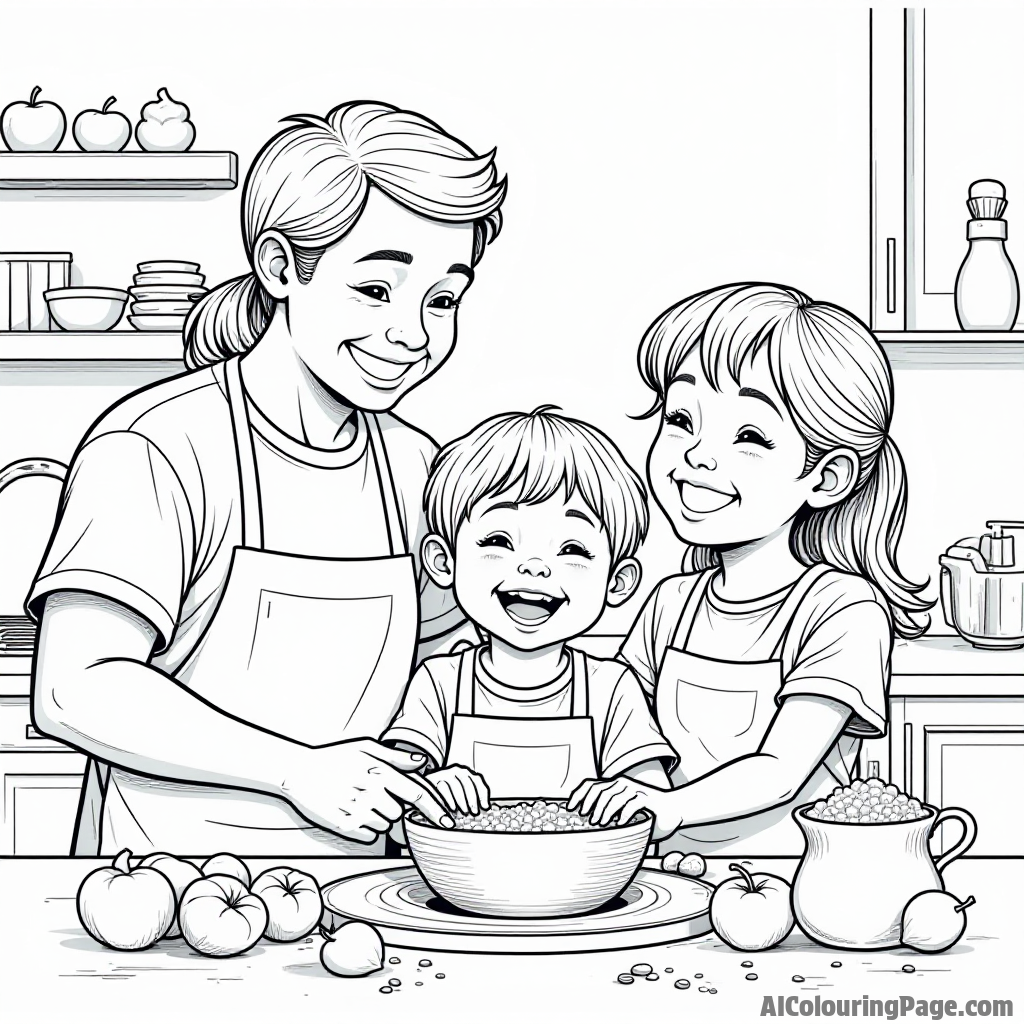 A happy fruit family baking together, with flour and fruits everywhere in a cozy kitchen setting filled with laughter.