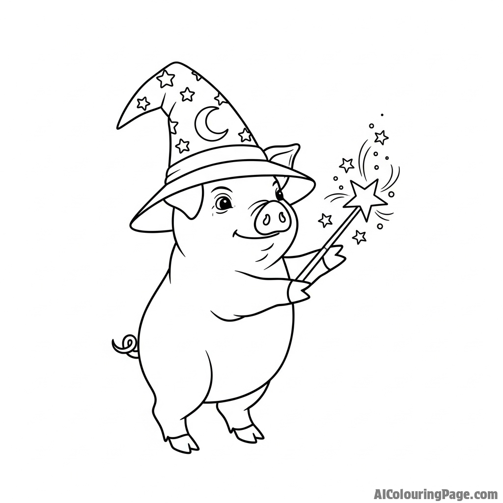 A wizard pig in a pointed hat, casting a spell with a sparkling wand.