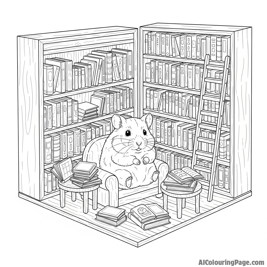 A hamster in a tiny library, surrounded by miniature books