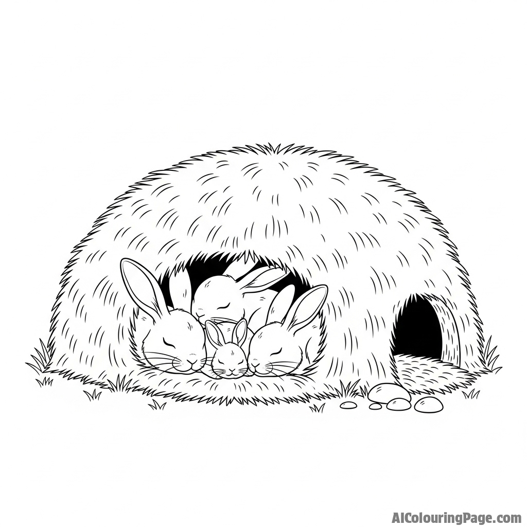 A family of rabbits huddled together in a cozy, hay-lined burrow.