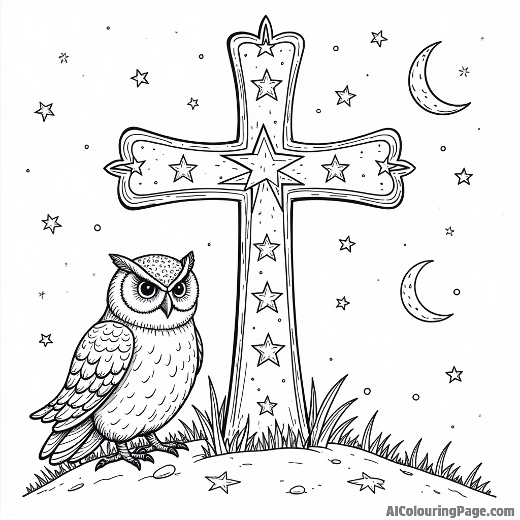 A cross decorated with stars, surrounded by a night sky and a wise owl, creating a magical and thoughtful coloring experience.