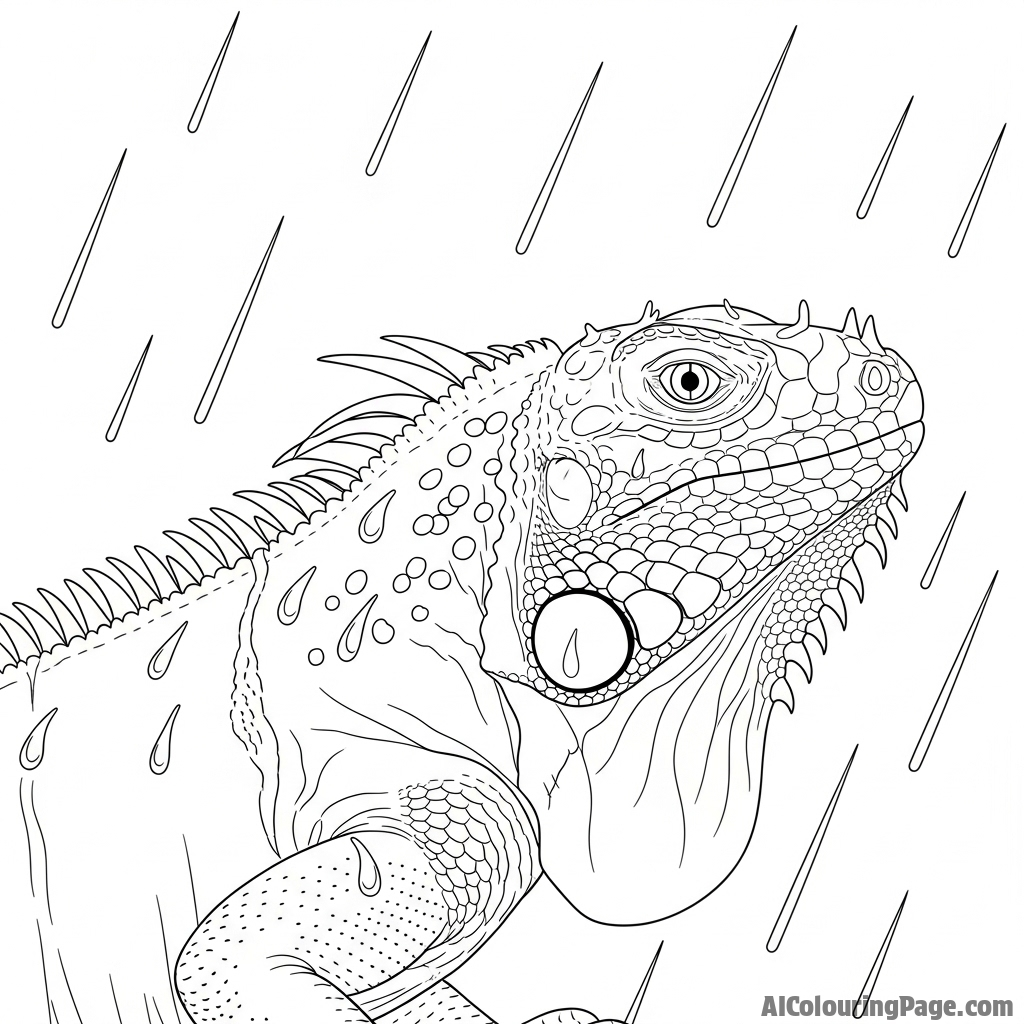 An iguana caught in a downpour, with water droplets beading on its scales.
