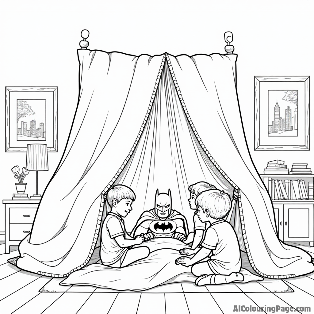 Batman and a group of children building a fort out of blankets and pillows in a cozy living room.