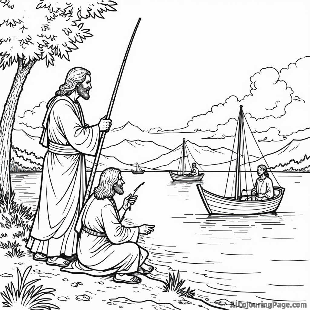 Jesus and his disciples fishing, boats on the water, distant mountains under a bright sky