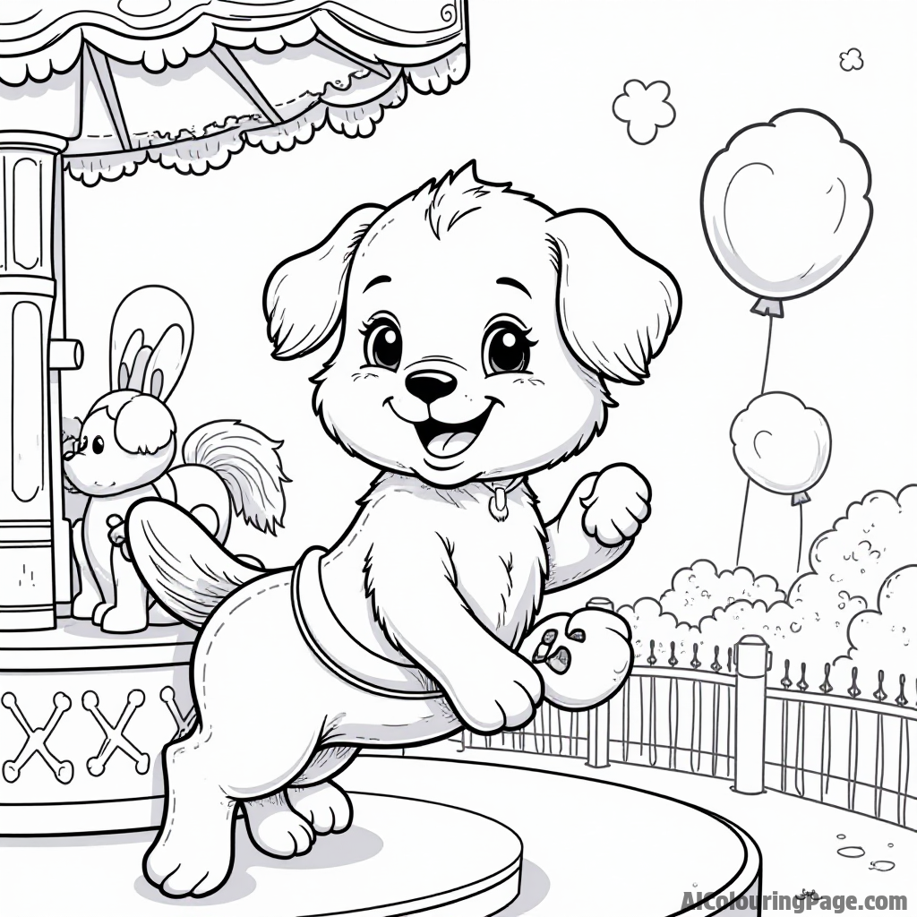 A puppy enjoying a day at the fair, riding a carousel, with balloons and cotton candy in the background.