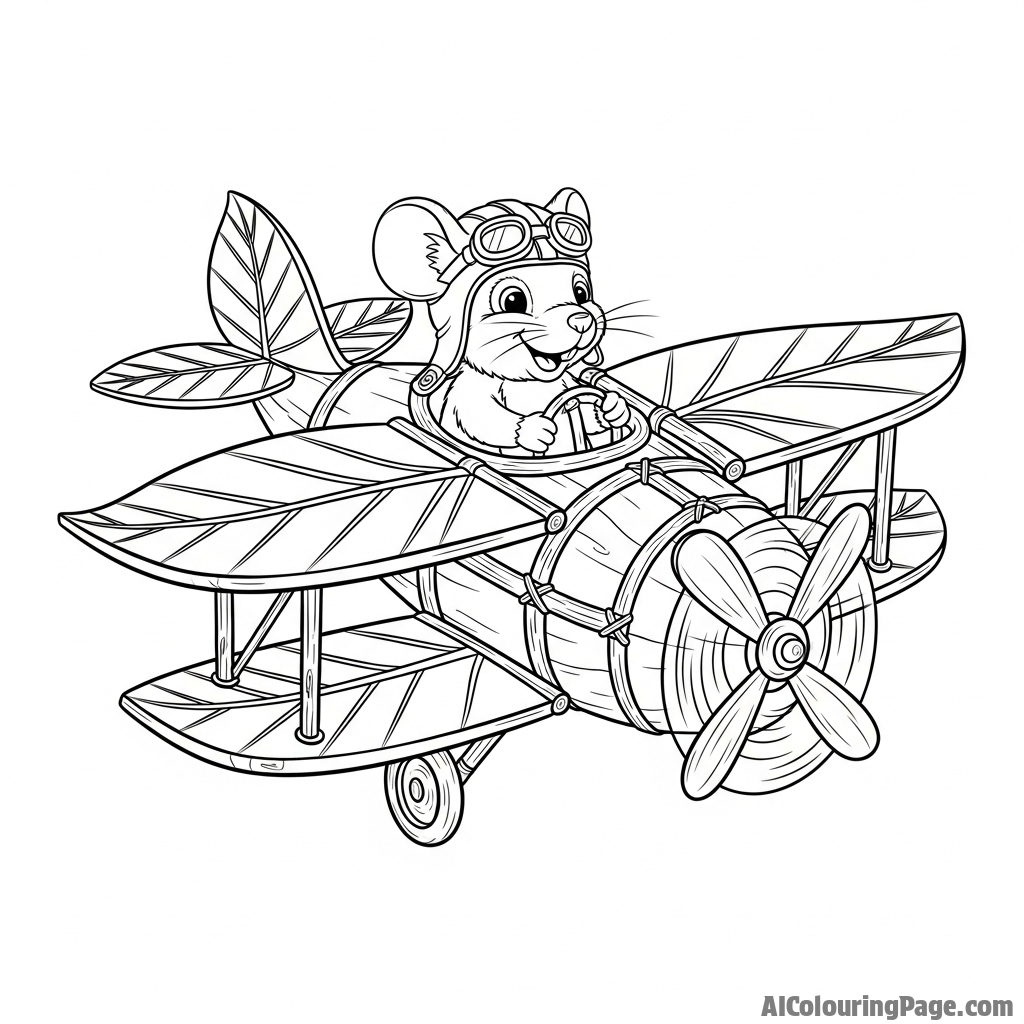 A mouse pilot flying a biplane constructed from twigs and leaves.