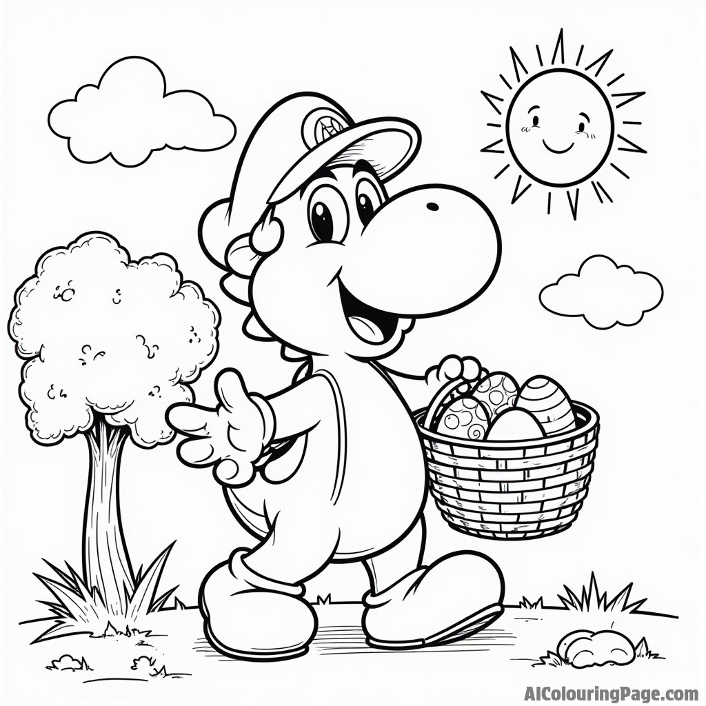 Yoshi carrying a basket of eggs while standing next to a tree and a smiling Sun.