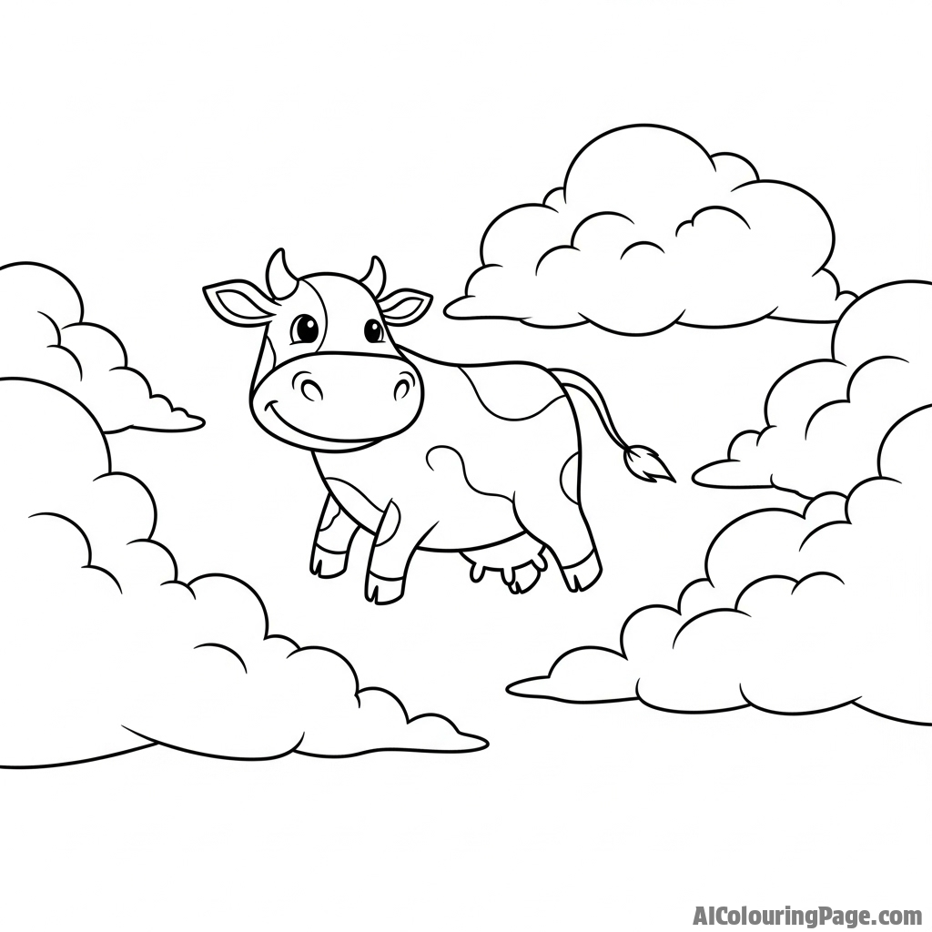 A surreal image of a cow floating gently among fluffy, voluminous clouds.