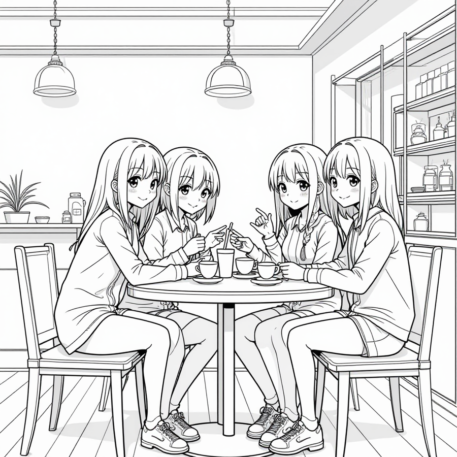 Group of anime friends at a cafe