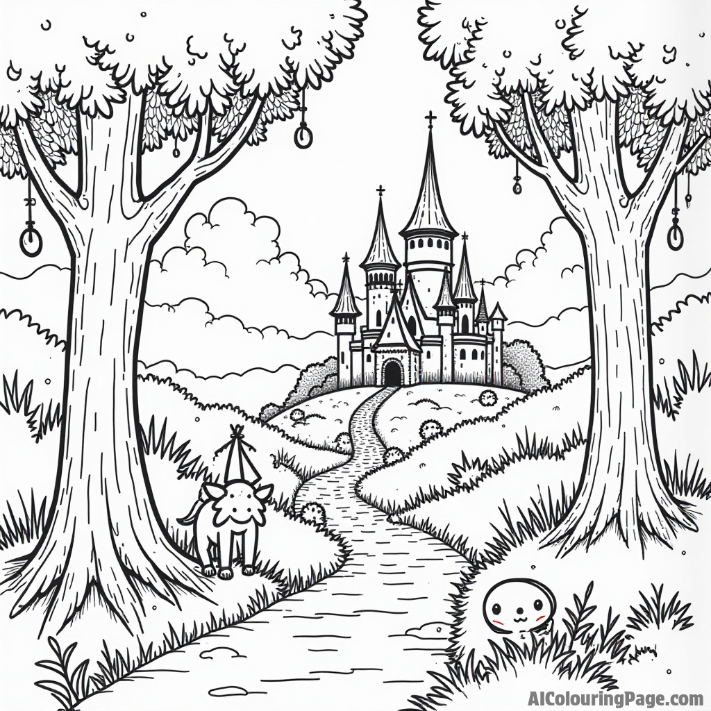 An enchanted forest with tall trees, mystical creatures peeking out, and a path leading to a hidden castle.